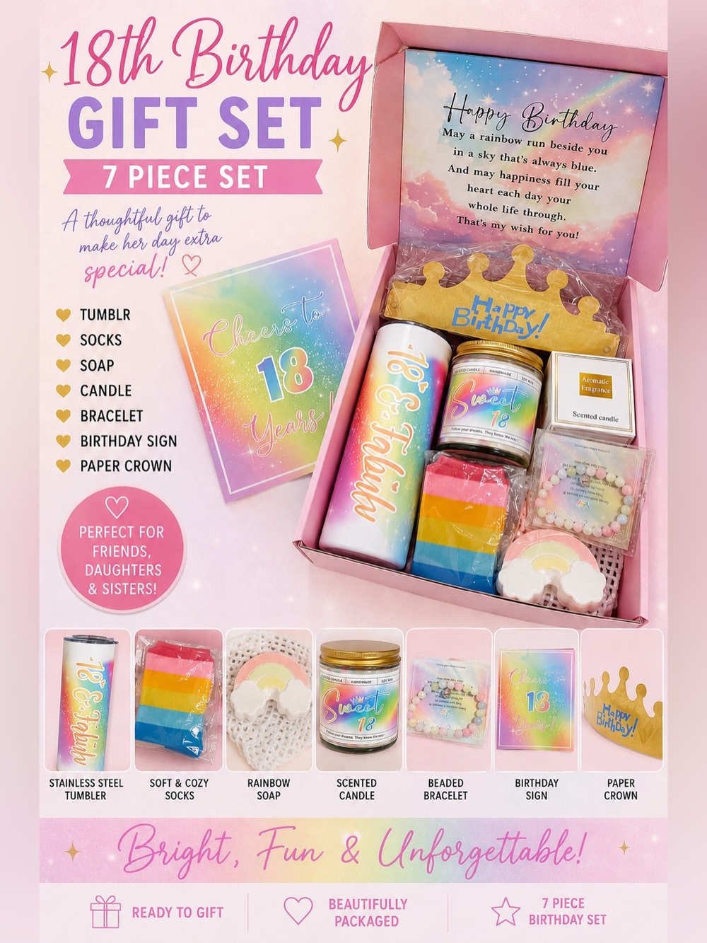 18th Birthday Gift Set for Her 7 Piece Rainbow Gift Box Brand New
